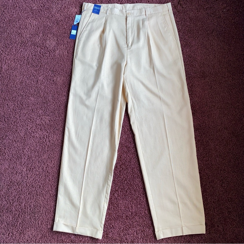 Trust Pleated Linen Blend Dress Pants Khaki Tan Men’s Size 40 W 34 L Casual NWT